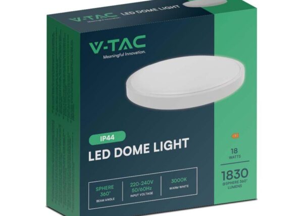 V-TAC PLAFONIERA 18W LED DOME LIGHT 3000K ROUND,WHITE FRAME IP44 ART.VT-8618