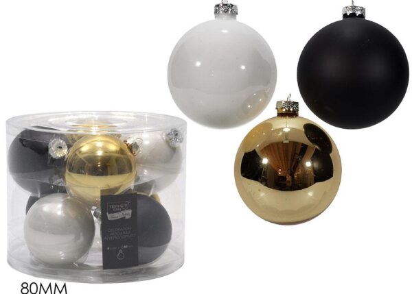 SET 8 PALLE DI NATALE VETRO 80MM ORO/NERO/BIANCO ART.424394