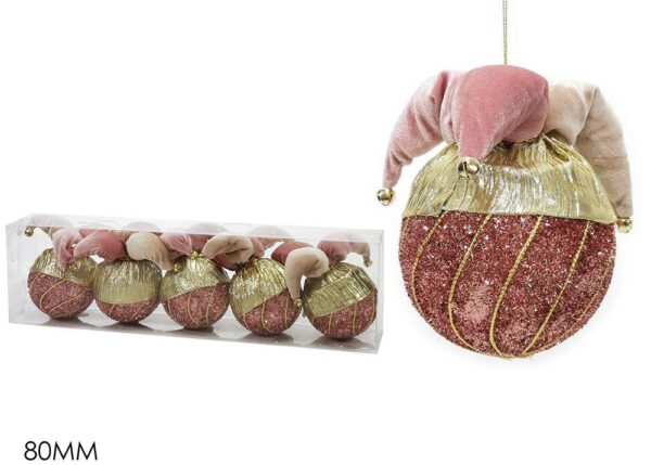 PALLE DI NATALE SET 5 80MM "GIULLARE" ROSA ART.303139