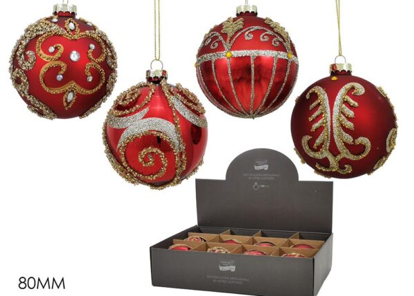 PALLE DI NATALE VETRO 80MM ROSSO 4ASS DISPL ART.403149