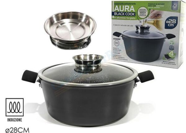 CASSERUOLA "AURA"C/COP.VETRO 28CM INDUZ. NERO