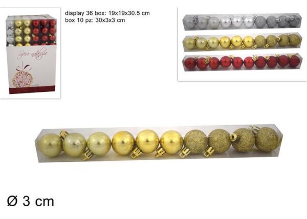 PALLINE 3CM 10PZ IN BOX PVC 3 COL. SM115-X1738G/R/S ART.JE006494