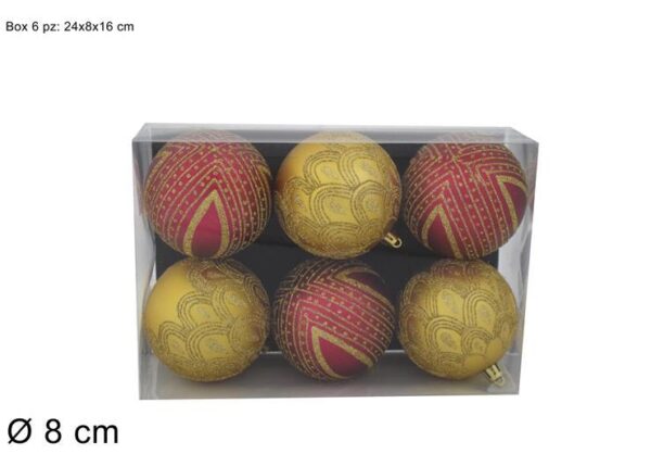 PALLE 8CM SET 6PZ BORDEAUX/ORO C/DECORO GLITTER ORO ART. SC19D009-1