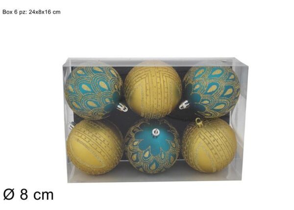 PALLE 8CM SET 6PZ VERDE/ORO C/DECORO GLITTER ORO ART. SC19D009-2