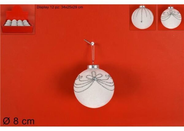 PALLA 8CM FLOCCATA BIANCA DECORO GLITTER SILVER ART.QL-D361B/QL-D362B