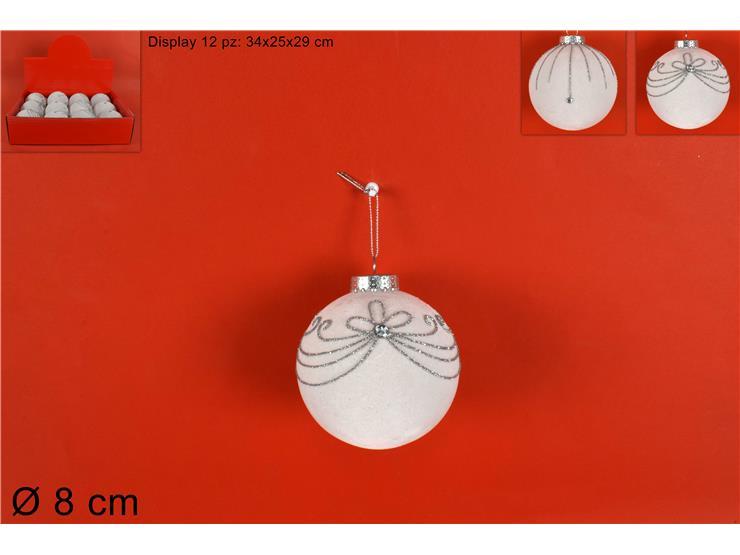PALLA 8CM FLOCCATA BIANCA DECORO GLITTER SILVER ART.QL-D361B/QL-D362B PALLA 8CM FLOCCATA BIANCA DECORO GLITTER SILVER ART.QL-D361B/QL-D362B