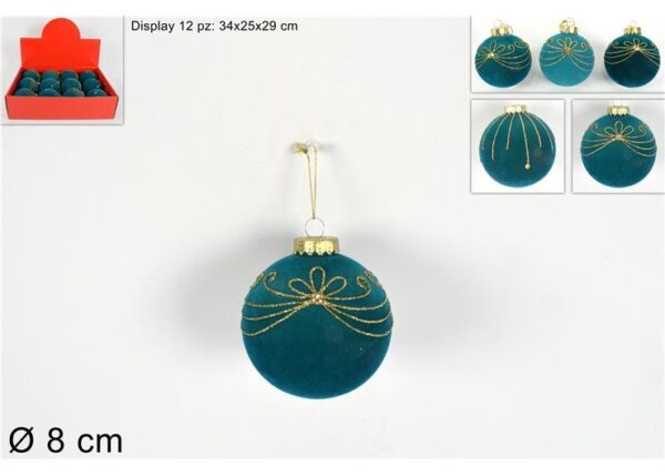 PALLA 8CM FLOCCATA VERDE DECORO GLITTER ORO 3ASS. ART.QL-D361B/QL-D362B