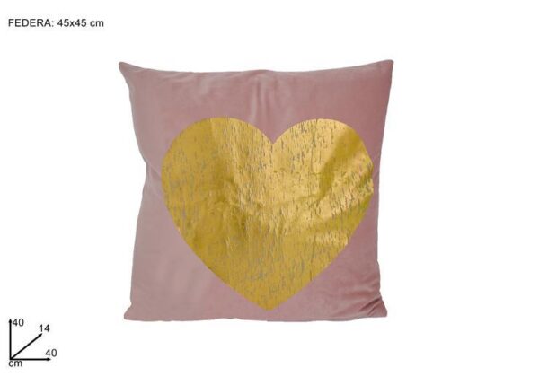 CUSCINO 45X45 IN VELLUTO ROSA C/CUORE DORATO DM07-C