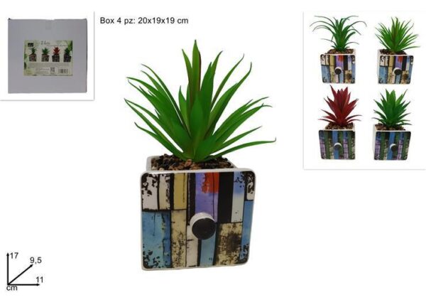 VASO QUADRATO CERAMICA CON PIANTINA GRASSA 4 COLORI BSDXD23401