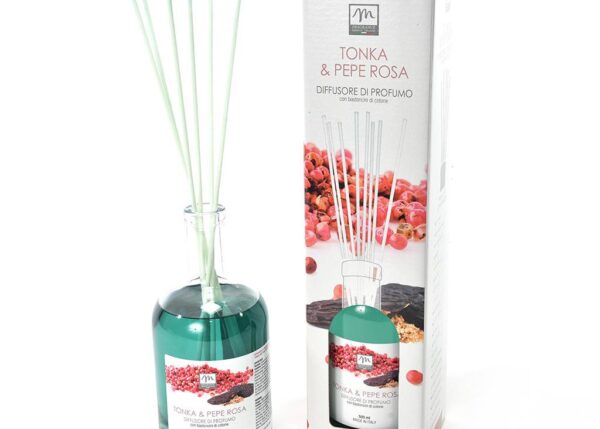 DIFFUSORE DI ESSENZA 500 ML TONKA E PEPE ROSA " LINEA BOUQUET" C/BACCHETTI IN COTONE ART.21318 -