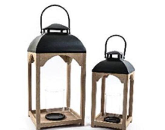LANTERNA IN LEGNO E METALLO CON BICCHIERE IN VETRO H.55X24X24CM ART.47844 -