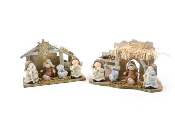 PRESEPE 5 PERSONAGGI IN CERAMICA E LEGNO C/LUCI 24X9XH.14.5 CM ASS.ART.60843