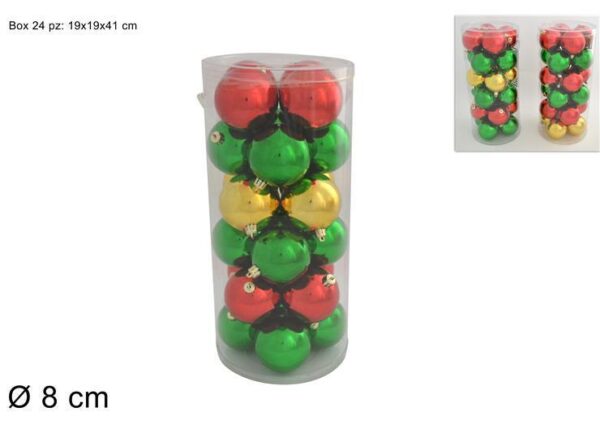 SET 24 PALLE DI NATALE 8CM LUCIDO VERDE/ROSSO/ORO 2ASS