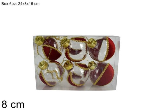 PALLE 8CM 6PZ TRASPARENTE C/VELLUTO ROSSO SDT2214480R