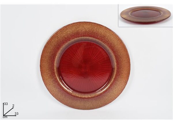 PIATTO VETRO 33CM ROSSO GLITTER ORO 1Y33C39/GOLD GLITT RIM-RED&CCEDIL