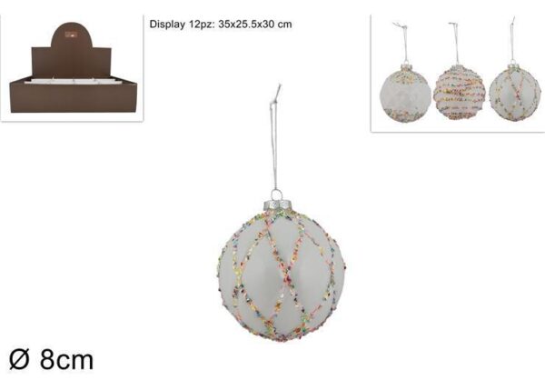 PALLA DI NATALE IN VETRO 8CM BIANCA CON PAILLETTES MULTICOLOR 3 ASS KS23DUE-80-0511 ART.XNA22009754