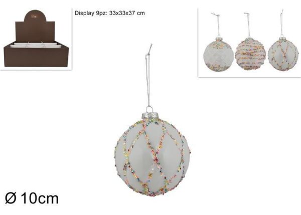 PALLA DI NATALE IN VETRO 10CM BIANCO CON PAILLETTES MULTICOLOR 3 ASS KS23DUE-100-0511 ART.XNA22009784
