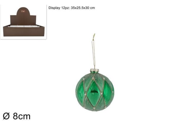 PALLA DI NATALE IN VETRO 8CM ROMBI CON DIAMANTI VERDE KS23DUE-80-0601 ART.XNA22009791