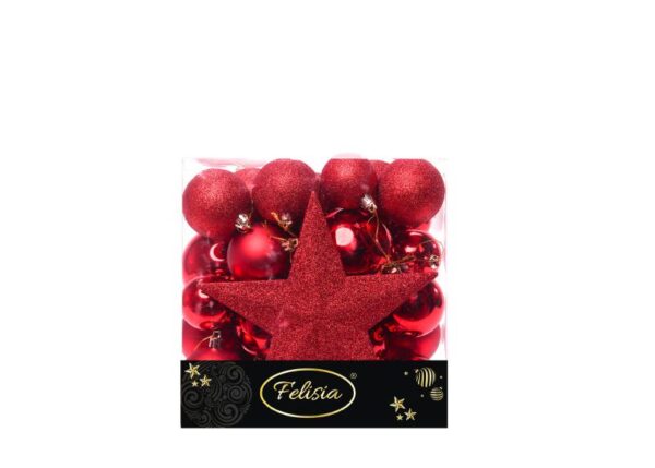 PALLE DI NATALE PLASTICA PZ.31 ASS. ROSSE GLITT./LUC./OPAC.+ PUNTALE A STELLA GLITT. ART.02722