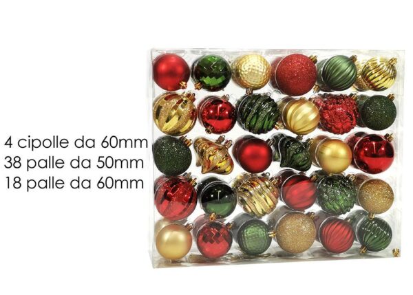 PALLE DI NATALE IN BOX 60 ADDOBBI ORO/VERDE/ROSSO ART.418315