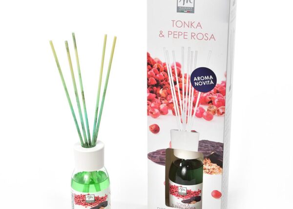 DIFFUSORE DI ESSENZA C/BACCHETTI IN COTONE 125 ML TONKA E PEPE ROSA ART.31026 -