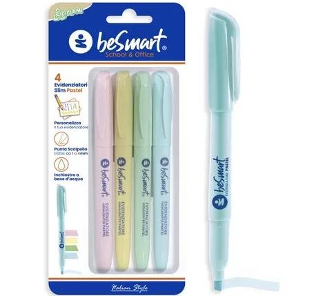 EVIDENZIATORI SLIM PASTEL IN BLISTER DA 4 PEZZI BE SMART ART.01020024
