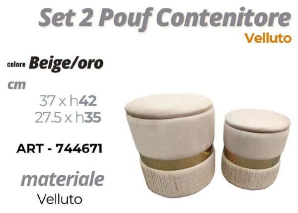 POUF CONTENITORE VELLUTO BEIGE E ORO 27.5XH35CM ART.744671-744992