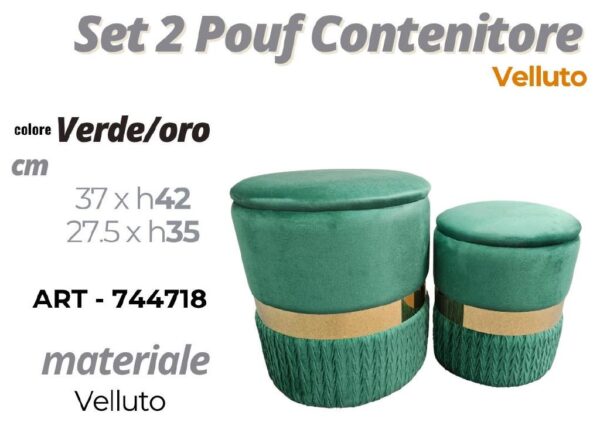 POUF CONTENITORE VELLUTO VERDE E ORO 37XH42CM ART.744718-745067