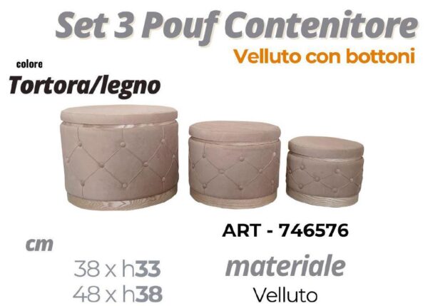 POUF CONTENITORE CON BOTTONI IN VELLUTO TORTORA DIAM.58CM ART.746576