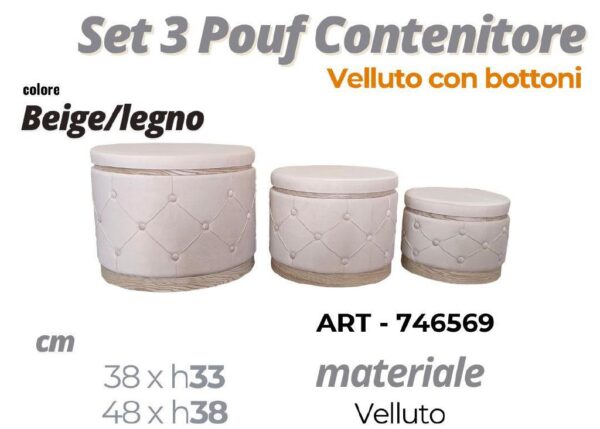 POUF CONTENITORE CON BOTTONI IN VELLUTO BEIGE DIAM.48CM ART.746569-746637