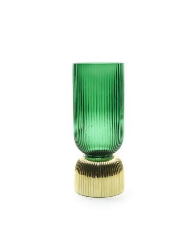 VASO PORTACANDELA ORO VERDE IN VETRO D.12XH.33 CM ART.53084 - VASO PORTACANDELA ORO VERDE IN VETRO D.12XH.33 CM ART.53084 -