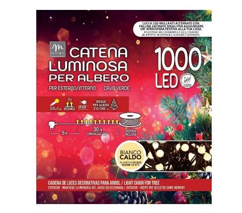 LUCI LED 1000 MICROSATINATE COLORE BIANCO CALDO CON SPINA DA ESTERNO, 8 GIOCHI DI LUCE E MEMORIA, L.30MT 6W 31V 26X10XH ART.63