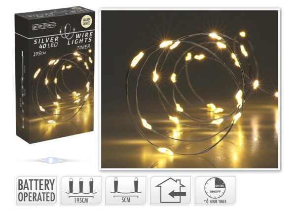 CAVO ARGENTO 40LED BIANCO CALDO TIMER ART.AX9731520