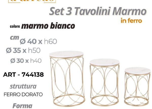 TAVOLINO TONDO MARMO BIANCO/FERRO DORATO GRANDE DIAM.40XH60CM ART.744138