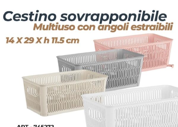 CESTINO SOVRAPPONIBILE MULTIUSO C/ANGOLI ESTRAIBILI 14X29XH11.5 CM COLORI ASSORTITI COD.ART.745272 ART.745272