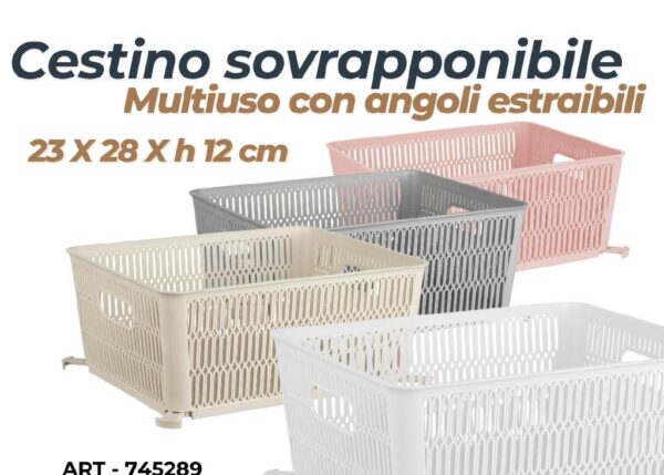 CESTINO SOVRAPPONIBILE MULTIUSO C/ANGOLI ESTRAIBILI 23X28XH12 CM COLORI ASSORTITI ART.745289 ART.745289
