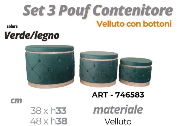 POUF CONTENITORE CON BOTTONI IN VELLUTO VERDE 58CM ART.746583