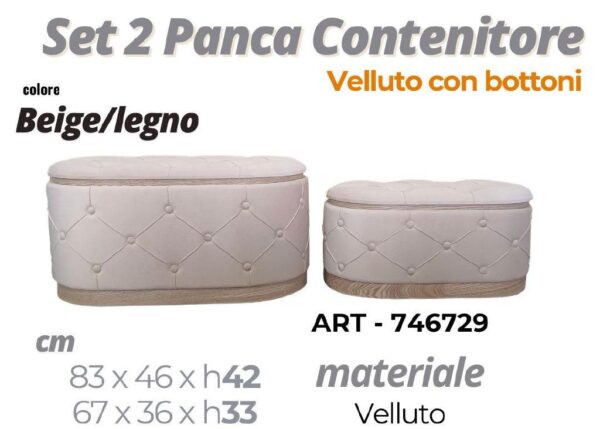 PANCA CONTENITORE CON BOTTONI IN VELLUTO BEIGE 67X36X33H CM ART.746729