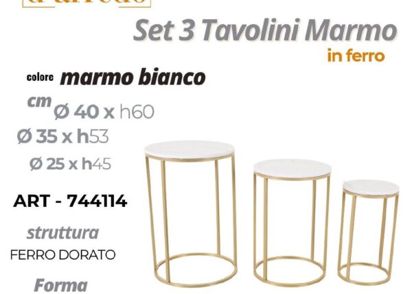 TAVOLINO TONDO MARMO BIANCO/FERRO DORATO GRANDE 40XH60 CM ART.744114