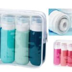 SET DA VIAGGIO 5 FLACONI CON POCHETTE TRASPARENTE, COLORI ASSORTITI