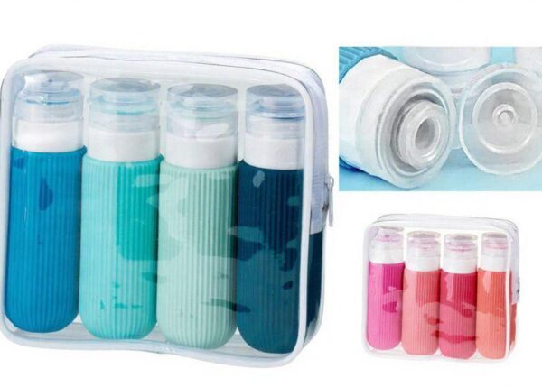 SET DA VIAGGIO 5 FLACONI CON POCHETTE TRASPARENTE, COLORI ASSORTITI