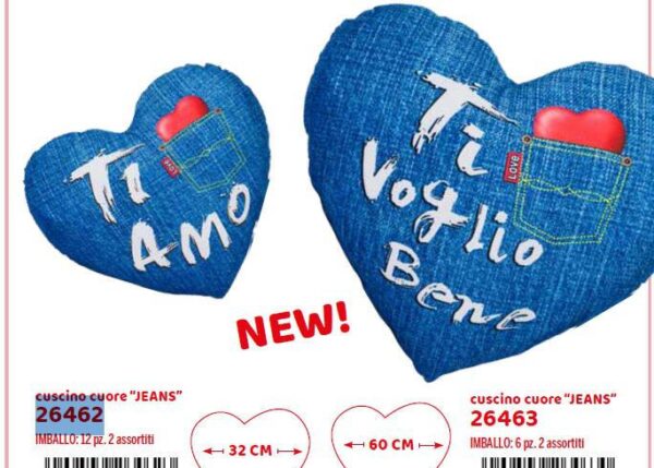 CUSCINO CUORE 32CM TESSUTO STAMPA JEANS 2 ASSORTITI ART.26462