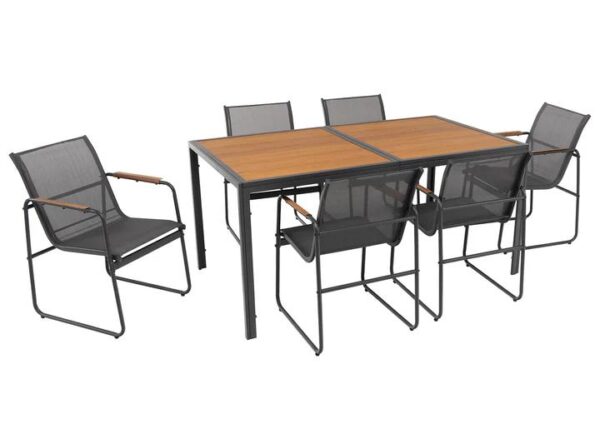 SET DA GIARDINO 7 PEZZI TAVOLO CON 6 SEDIE STRUTTURA IN ACCIAIO ANTRACITE, BRACCIOLI E TOP IN POLYWOOD ART.755056