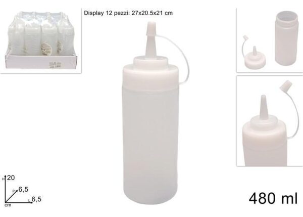 BOTTIGLIA PLASTICA CON BECCO DOSATORE 480ML TRASPARENTE IN DISPLAY ART.DEV24007611