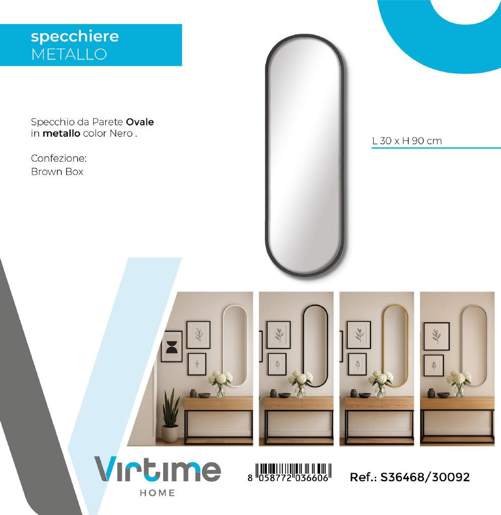 SPECCHIO PARETE OVALE METAL NERO 30X90 CM ART.S36468/30092 SPECCHIO PARETE OVALE METAL NERO 30X90 CM ART.S36468/30092