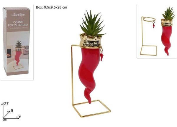 CORNO IN CERAMICA CON PIANTA GRASSA E BASE IN METALLO ART.DEV25012271