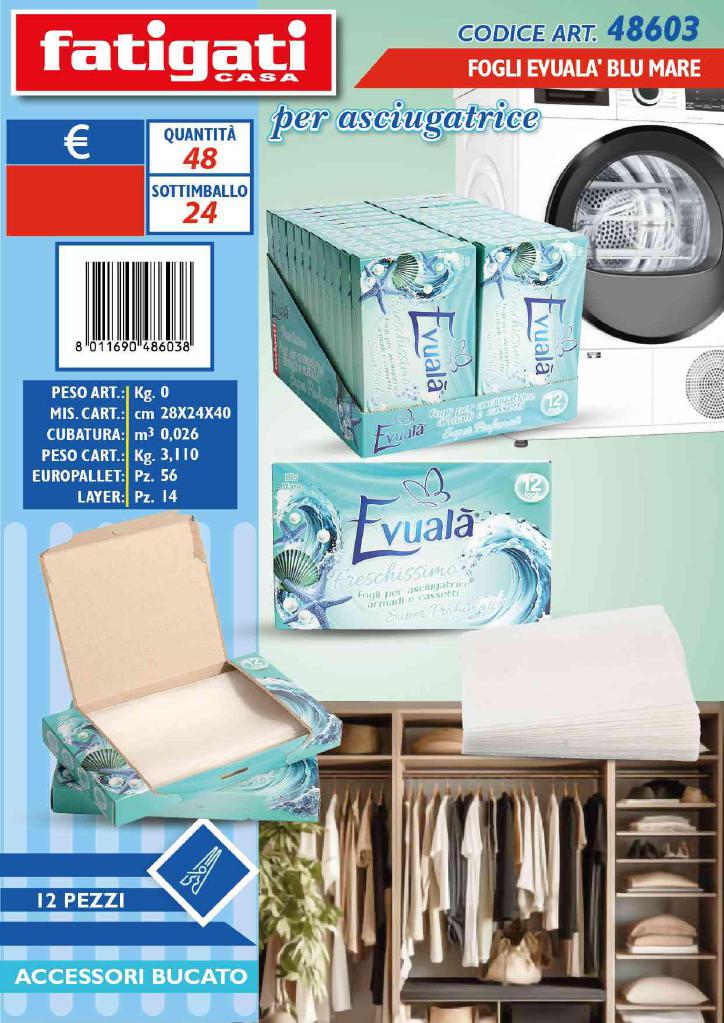 FATIGATI FOGLI EVUALA' X ASCIUGATRICE BLU MARE 12PZ ART.48603 FATIGATI FOGLI EVUALA' X ASCIUGATRICE BLU MARE 12PZ ART.48603