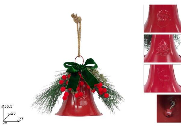 CAMPANA ROSSA C FIOCCO VERDE VELLUTO E BACCHE ROSSE FLOCCATE 3ASS ART.XNA25018121