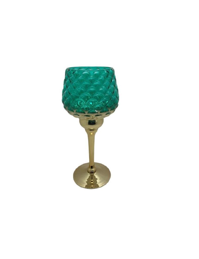 PORTACANDELA ORO VERDE IN VETRO D.13XH.30 CM ART.43023 - PORTACANDELA ORO VERDE IN VETRO D.13XH.30 CM ART.43023 -