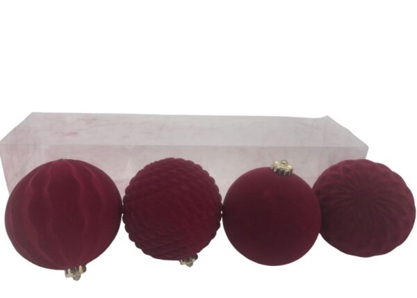 PALLE NATALIZIE 4 PZ EFFETTO VELLUTO BORDEAUX IN PLASTICA D.12 CM DESIGN ASSORTITI ART.03116 -